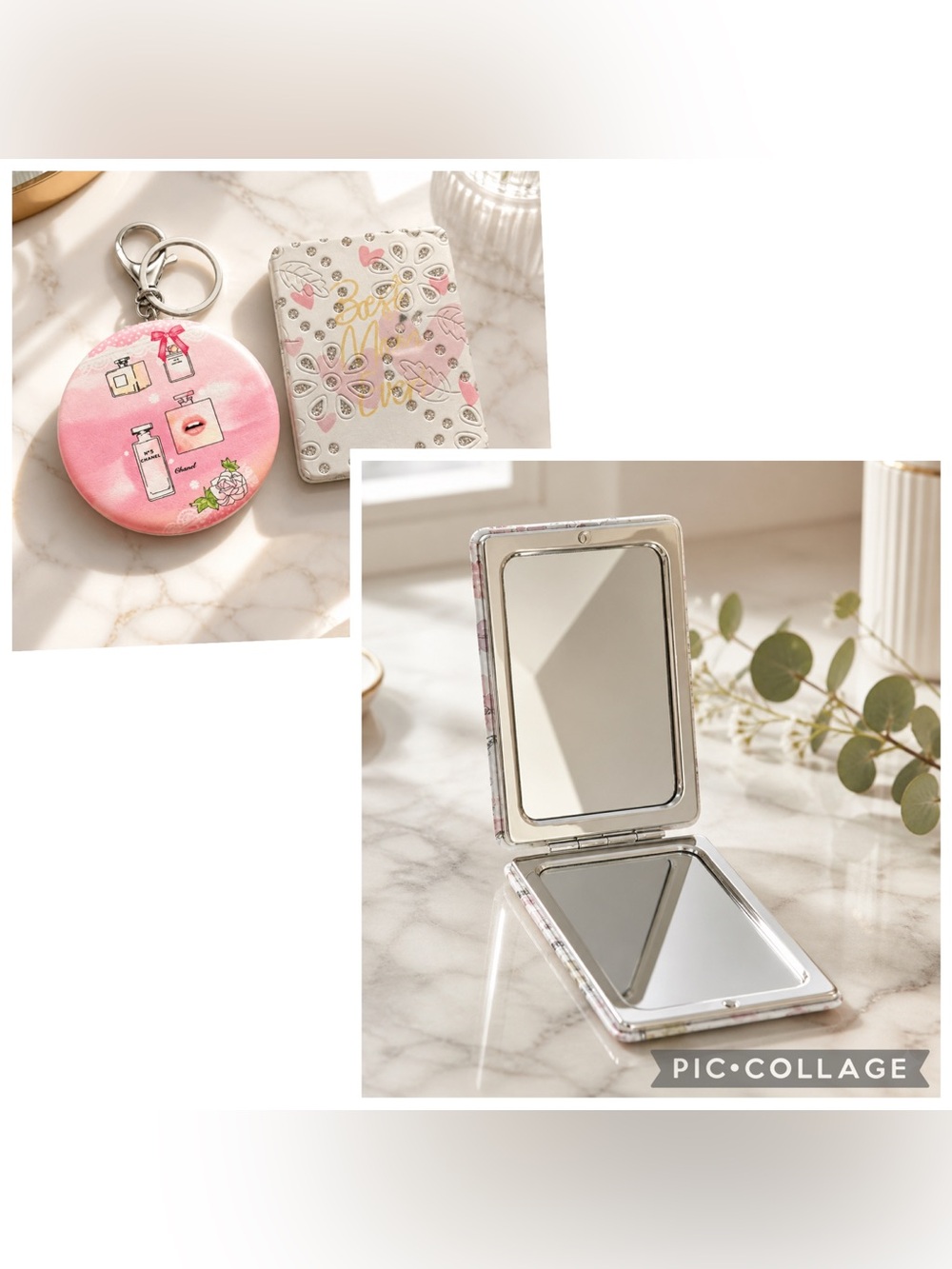 NWOT Set of 2 Pocket Mirrors Pink Round Makeup Design & Best Mom Rhinestones